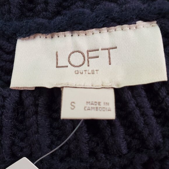 NWT LOFT SZ S Navy Blue Textured Chunky Knit Pullover Crew Neck Sweater - Picture 3 of 7